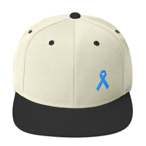Prostate Cancer Awareness Flat Brim Snapback Hat with Light Blue Ribbon - One-size / Natural/ Black - Hats