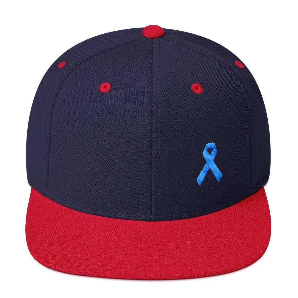 Prostate Cancer Awareness Flat Brim Snapback Hat with Light Blue Ribbon - One-size / Navy/ Red - Hats