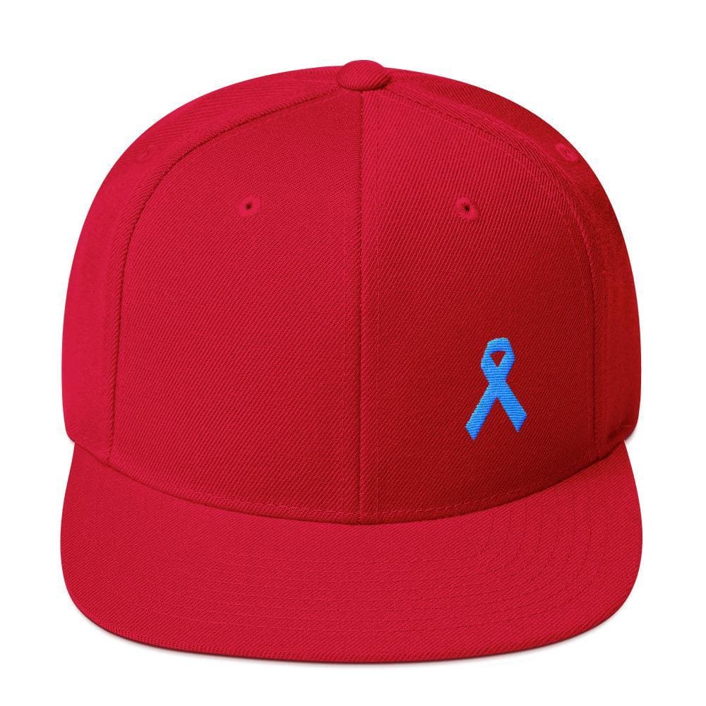 Prostate Cancer Awareness Flat Brim Snapback Hat with Light Blue Ribbon - One-size / Red - Hats