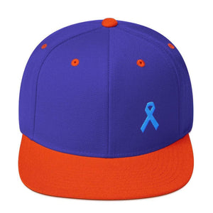Prostate Cancer Awareness Flat Brim Snapback Hat with Light Blue Ribbon - One-size / Royal/ Orange - Hats