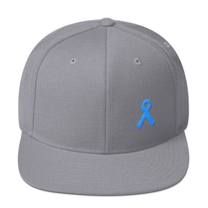 Prostate Cancer Awareness Flat Brim Snapback Hat with Light Blue Ribbon - One-size / Silver - Hats