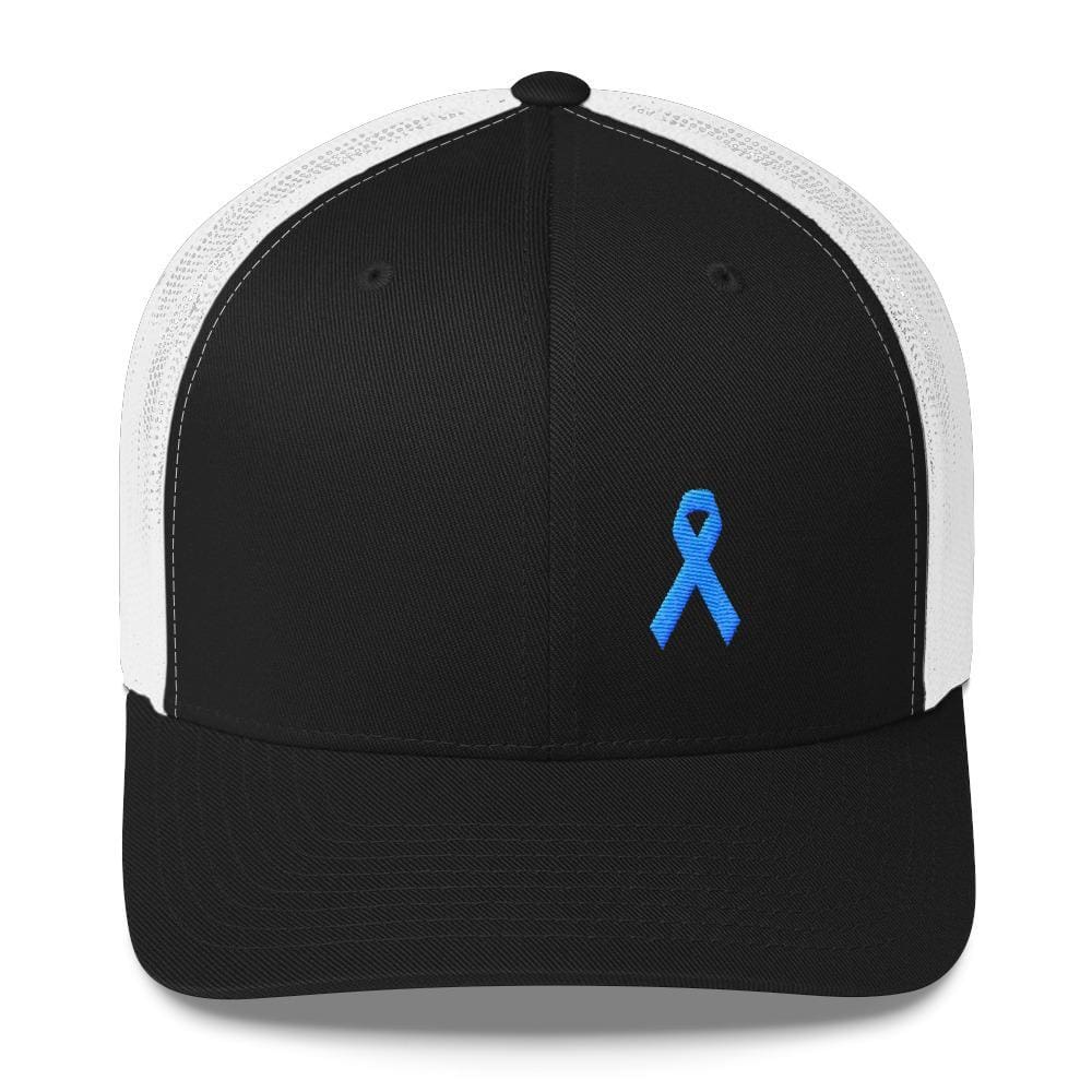 Prostate Cancer Awareness Snapback Trucker Hat with Light Blue Ribbon - One-size / Black/ White - Hats
