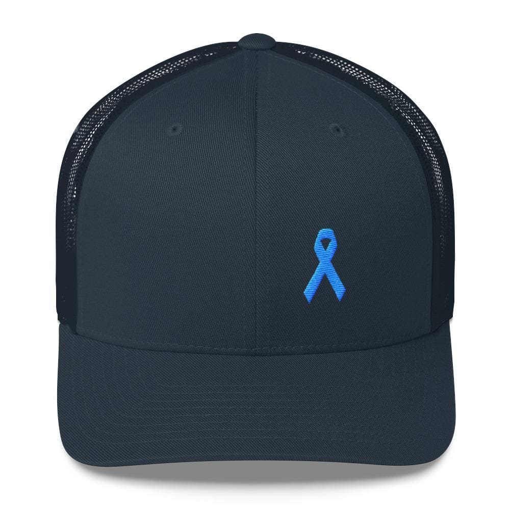 Prostate Cancer Awareness Snapback Trucker Hat with Light Blue Ribbon - One-size / Navy - Hats