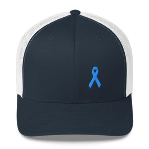 Prostate Cancer Awareness Snapback Trucker Hat with Light Blue Ribbon - One-size / Navy/ White - Hats