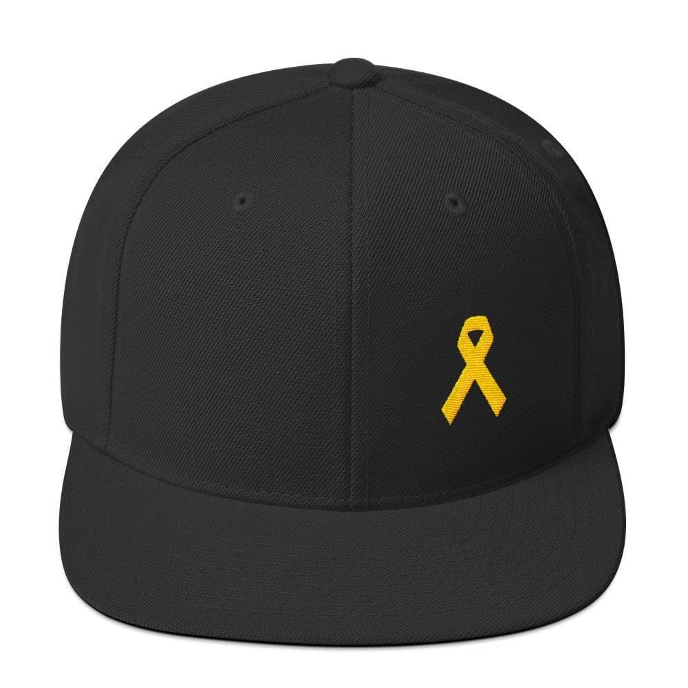 Yellow Awareness Ribbon Flat Brim Snapback Hat for Sarcoma Suicide Prevention & Military Causes - One-size / Black - Hats
