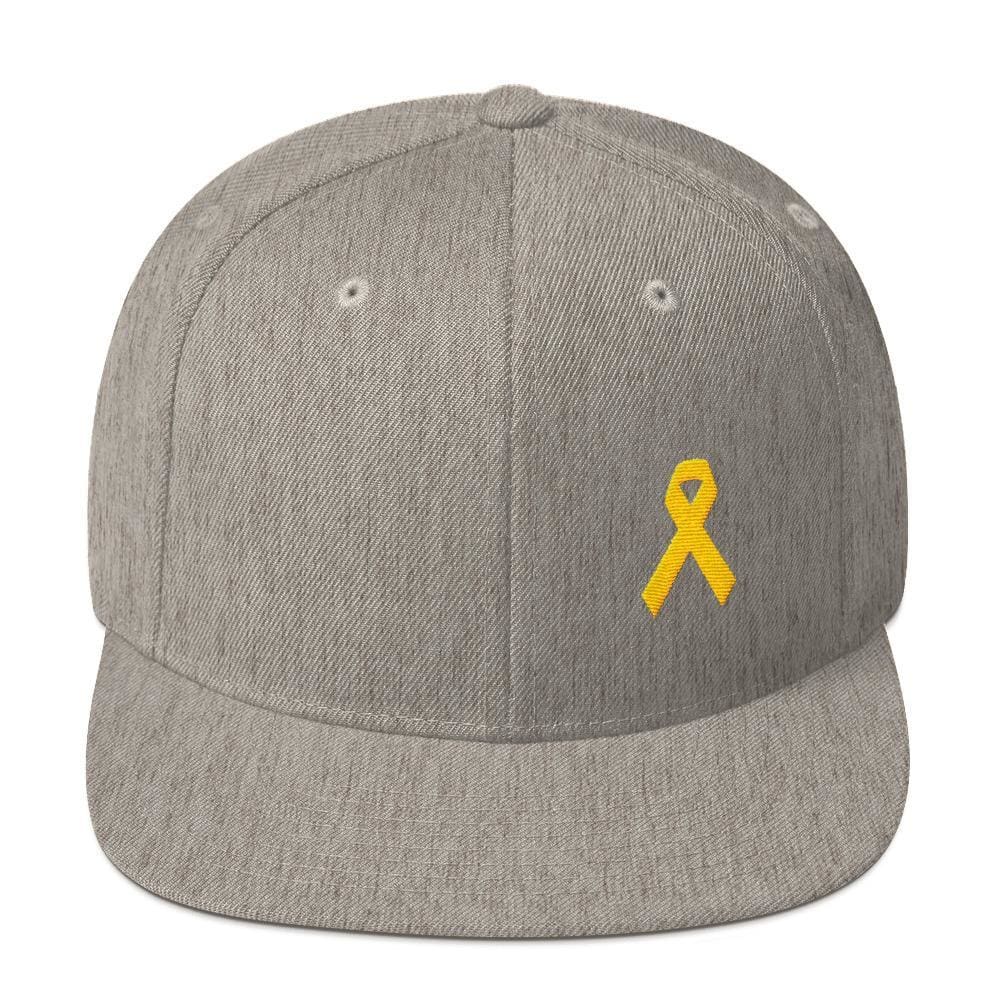 Yellow Awareness Ribbon Flat Brim Snapback Hat for Sarcoma Suicide Prevention & Military Causes - One-size / Heather Grey - Hats