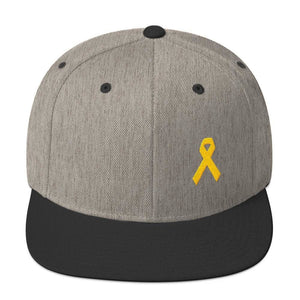 Yellow Awareness Ribbon Flat Brim Snapback Hat for Sarcoma Suicide Prevention & Military Causes - One-size / Heather/Black - Hats
