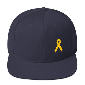 Yellow Awareness Ribbon Flat Brim Snapback Hat for Sarcoma Suicide Prevention & Military Causes - One-size / Navy - Hats
