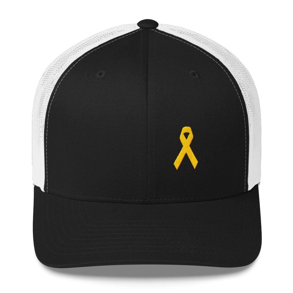 Yellow Ribbon Snapback Trucker Hat for Sarcoma Awareness Military Causes and Suicide Prevention - One-size / Black/ White - Hats