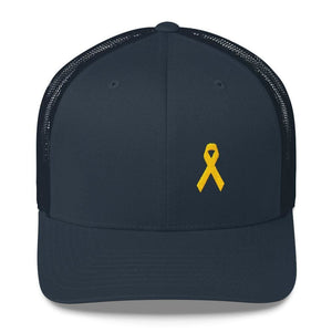 Yellow Ribbon Snapback Trucker Hat for Sarcoma Awareness Military Causes and Suicide Prevention - One-size / Navy - Hats