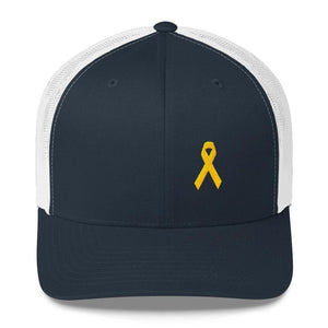 Yellow Ribbon Snapback Trucker Hat for Sarcoma Awareness Military Causes and Suicide Prevention - One-size / Navy/ White - Hats