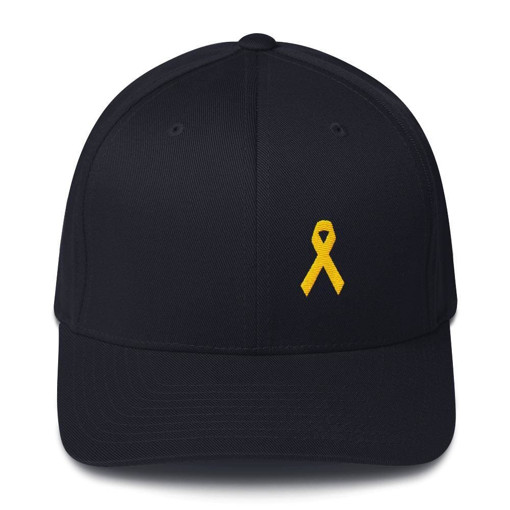 Yellow Ribbon Twill Flexfit Fitted Hat For Sarcoma Awareness Military Causes And Suicide Prevention - S/m / Dark Navy - Hats