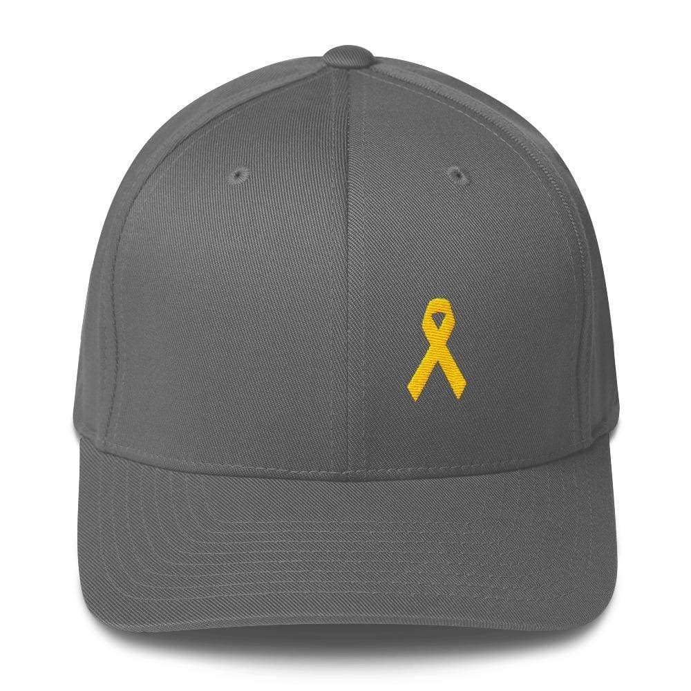 Yellow Ribbon Twill Flexfit Fitted Hat For Sarcoma Awareness Military Causes And Suicide Prevention - S/m / Grey - Hats