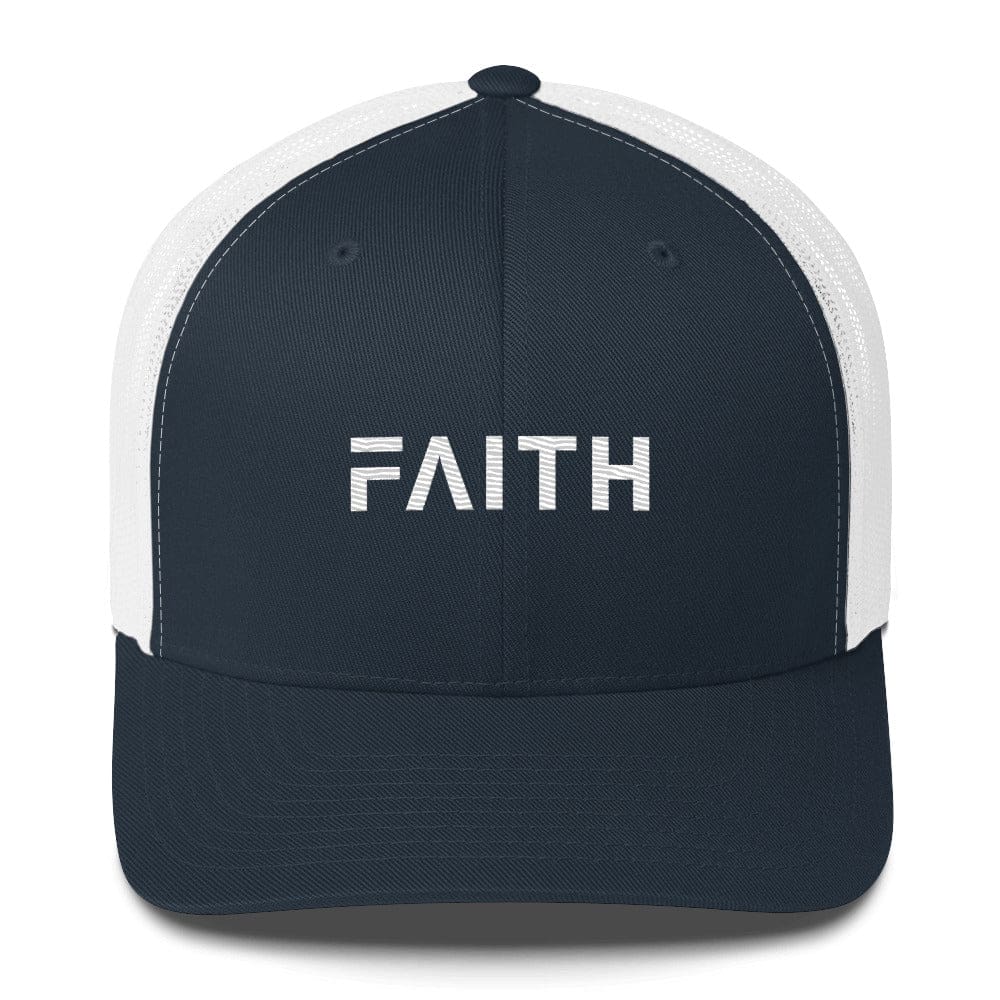 FAITH Christian Snapback Trucker Hat Embroidered with White Thread - Navy/ White - Hats