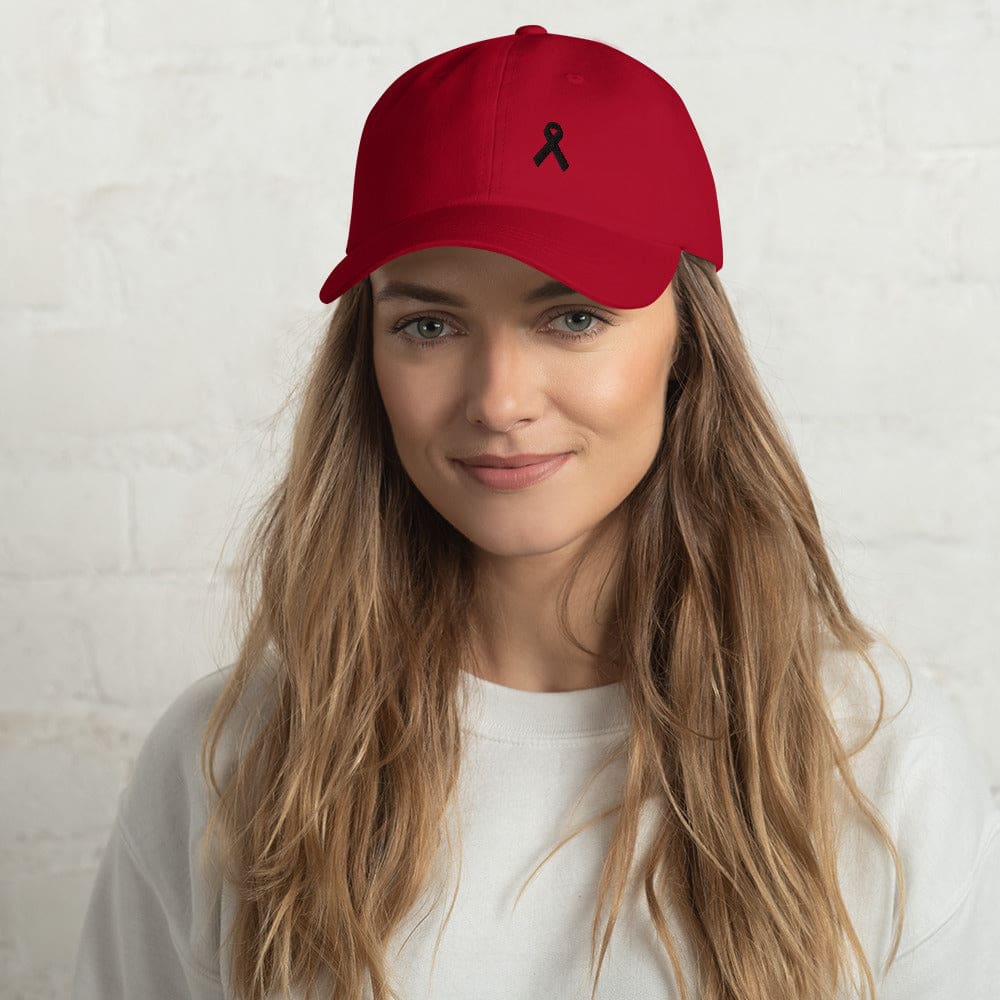 
            
                Load image into Gallery viewer, Melanoma &amp;amp; Skin Cancer Awareness Dad Hat with Black Ribbon - Cranberry - Hats
            
        