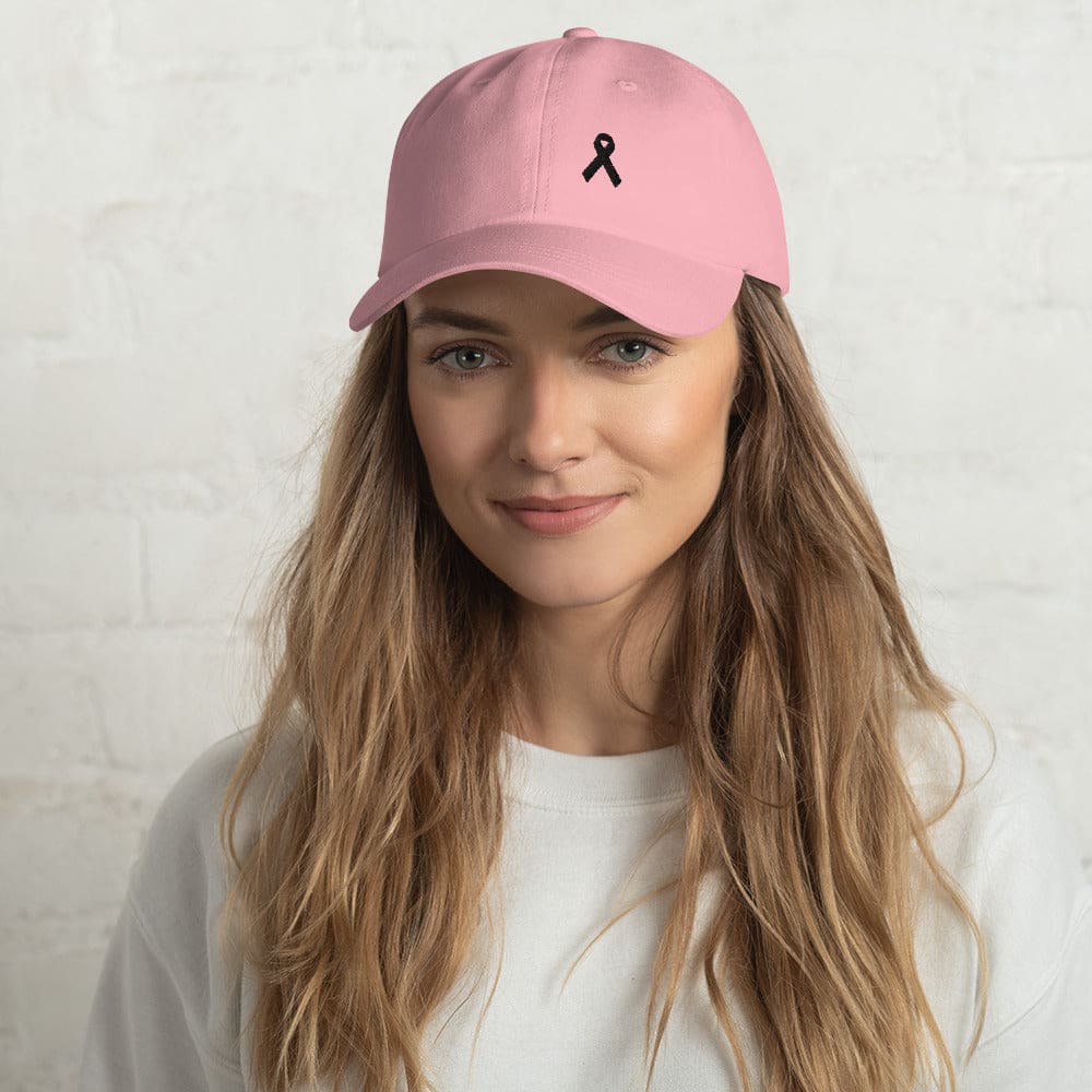 Melanoma & Skin Cancer Awareness Dad Hat with Black Ribbon - Pink - Hats