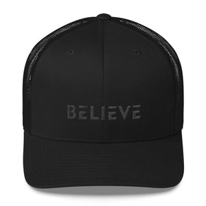 
            
                Load image into Gallery viewer, Believe Black on Black Snapback Trucker Hat - One-size / Black - Hats
            
        