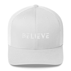 
            
                Load image into Gallery viewer, Believe Snapback Trucker Hat Embroidered in White Thread - One-size / White - Hats
            
        