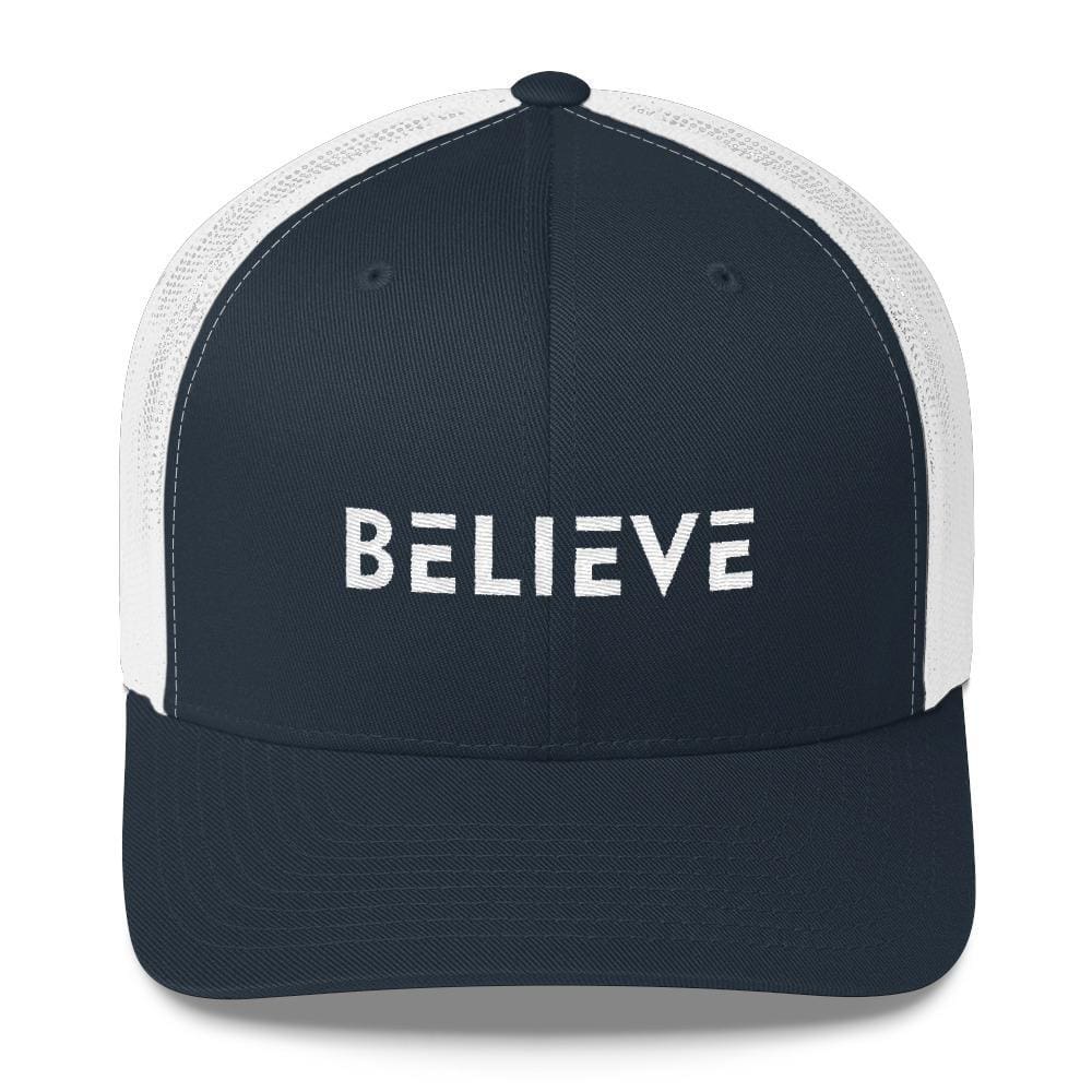 Believe Snapback Trucker Hat Embroidered in White Thread - One-size / Navy/ White - Hats