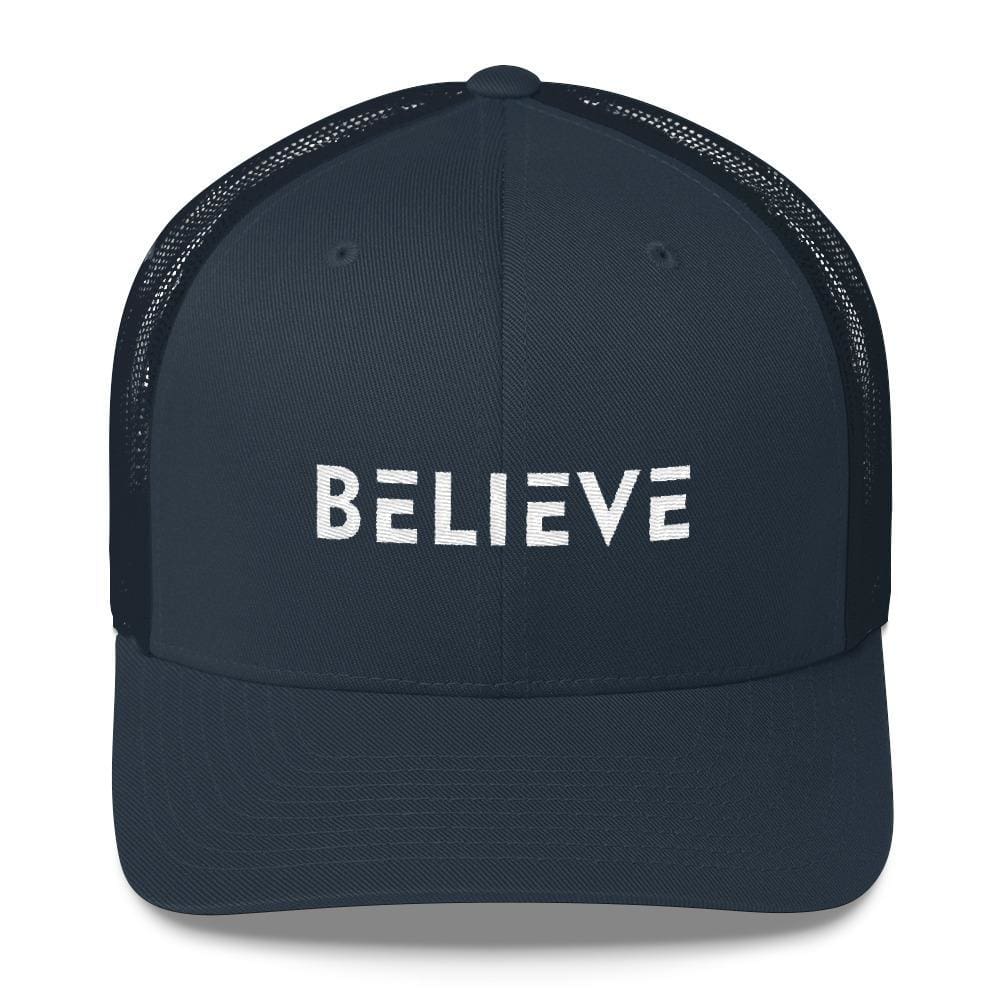 Believe Snapback Trucker Hat Embroidered in White Thread - One-size / Navy - Hats