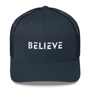 Believe Snapback Trucker Hat Embroidered in White Thread - One-size / Navy - Hats