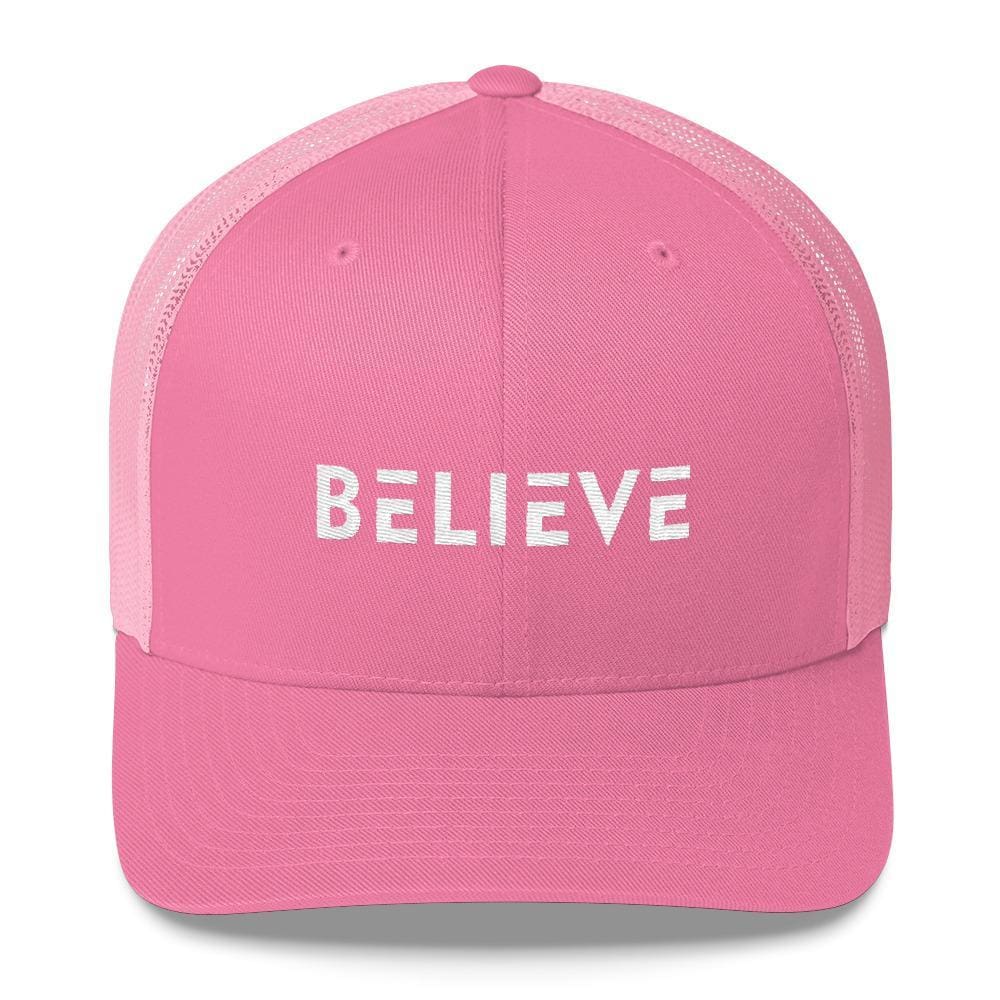 
            
                Load image into Gallery viewer, Believe Snapback Trucker Hat Embroidered in White Thread - One-size / Pink - Hats
            
        
