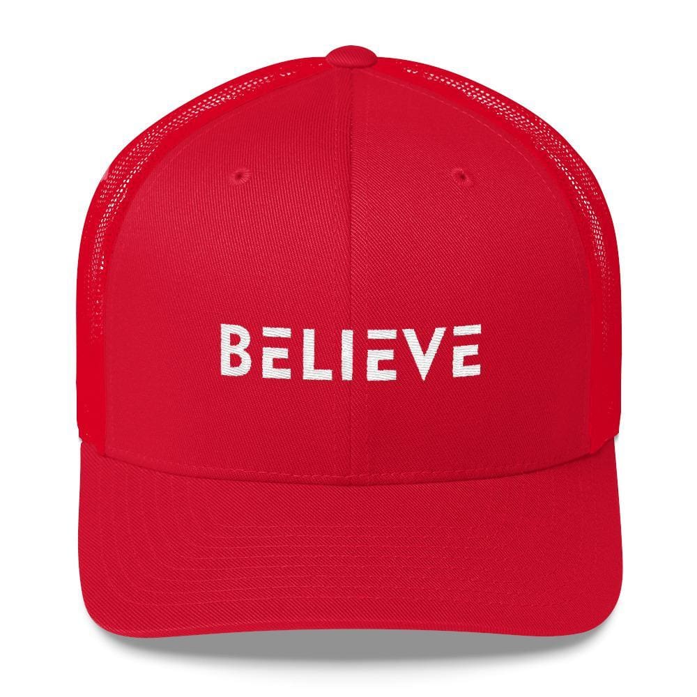 
            
                Load image into Gallery viewer, Believe Snapback Trucker Hat Embroidered in White Thread - One-size / Red - Hats
            
        