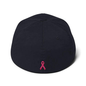 Breast Cancer Awareness Fitted Flexfit Baseball Hat With Warrior And Pink Ribbon On The Back - Hats