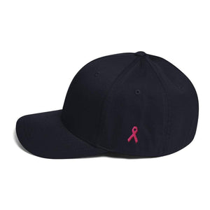 
            
                Load image into Gallery viewer, Breast Cancer Awareness Fitted Flexfit Twill Baseball Hat With Pink Ribbon On The Side - S/m / Dark Navy - Hats
            
        