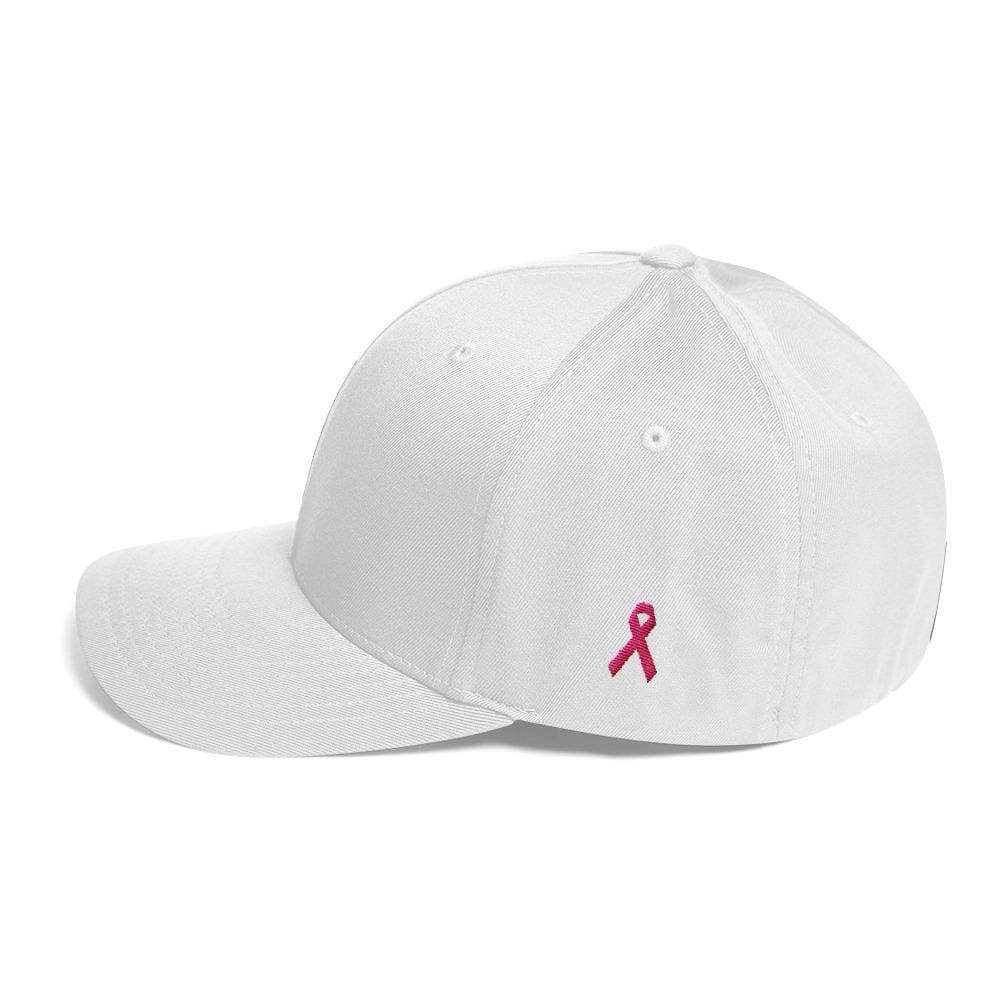 Breast Cancer Awareness Fitted Flexfit Twill Baseball Hat With Pink Ribbon On The Side - S/m / White - Hats