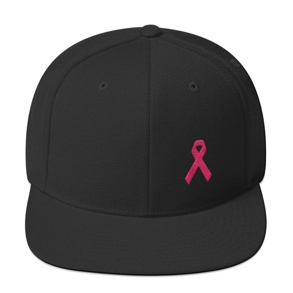 Breast Cancer Awareness Snapback Hat with Flat Brim and Pink Ribbon - One-size / Black - Hats