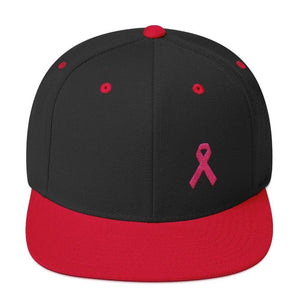 Breast Cancer Awareness Snapback Hat with Flat Brim and Pink Ribbon - One-size / Black/ Red - Hats