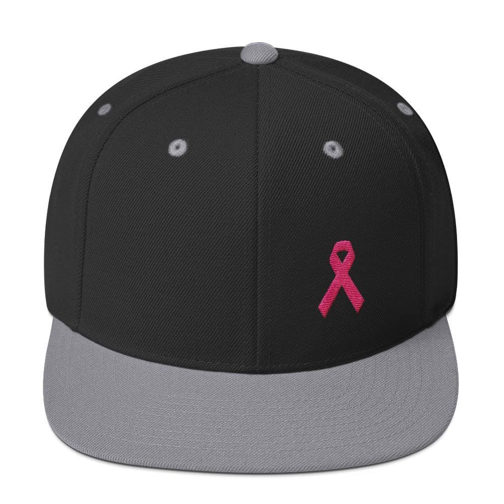 Breast Cancer Awareness Snapback Hat with Flat Brim and Pink Ribbon - One-size / Black/ Silver - Hats