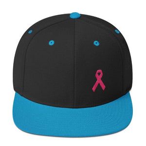 Breast Cancer Awareness Snapback Hat with Flat Brim and Pink Ribbon - One-size / Black/ Teal - Hats