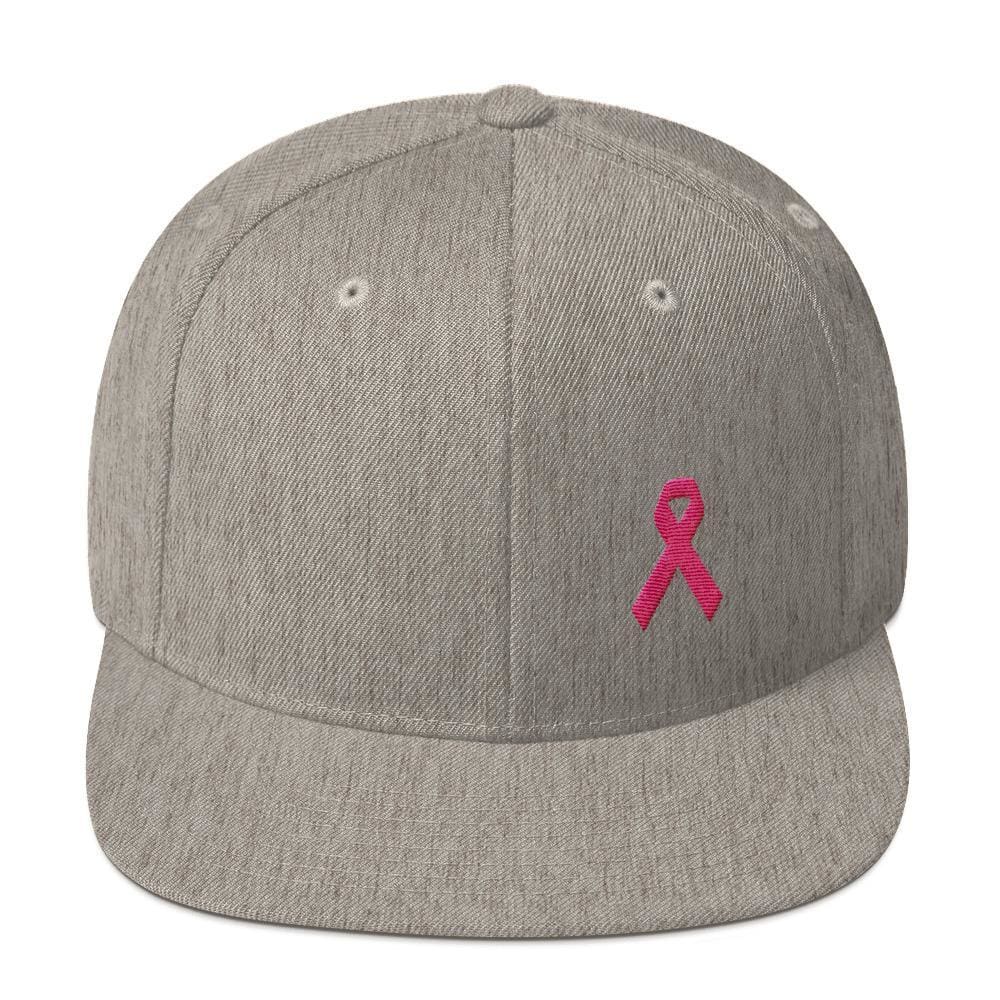 Breast Cancer Awareness Snapback Hat with Flat Brim and Pink Ribbon - One-size / Heather Grey - Hats