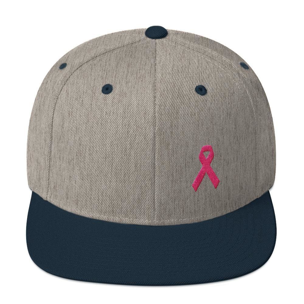 Breast Cancer Awareness Snapback Hat with Flat Brim and Pink Ribbon - One-size / Heather Grey/ Navy - Hats