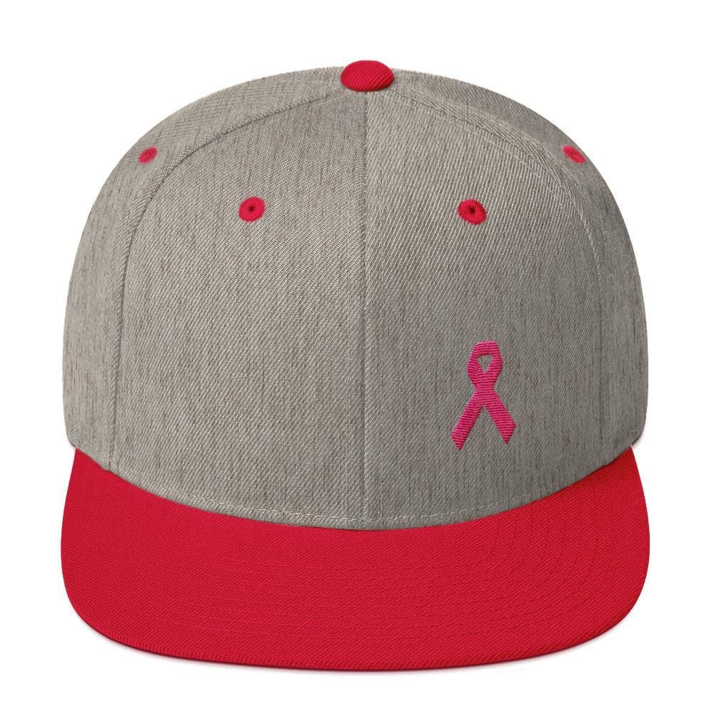 
            
                Load image into Gallery viewer, Breast Cancer Awareness Snapback Hat with Flat Brim and Pink Ribbon - One-size / Heather Grey/ Red - Hats
            
        