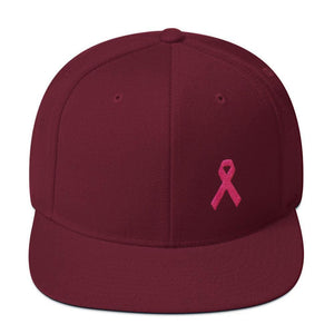 Breast Cancer Awareness Snapback Hat with Flat Brim and Pink Ribbon - One-size / Maroon - Hats
