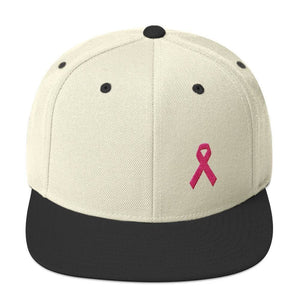 Breast Cancer Awareness Snapback Hat with Flat Brim and Pink Ribbon - One-size / Natural/ Black - Hats