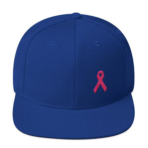 Breast Cancer Awareness Snapback Hat with Flat Brim and Pink Ribbon - One-size / Royal Blue - Hats