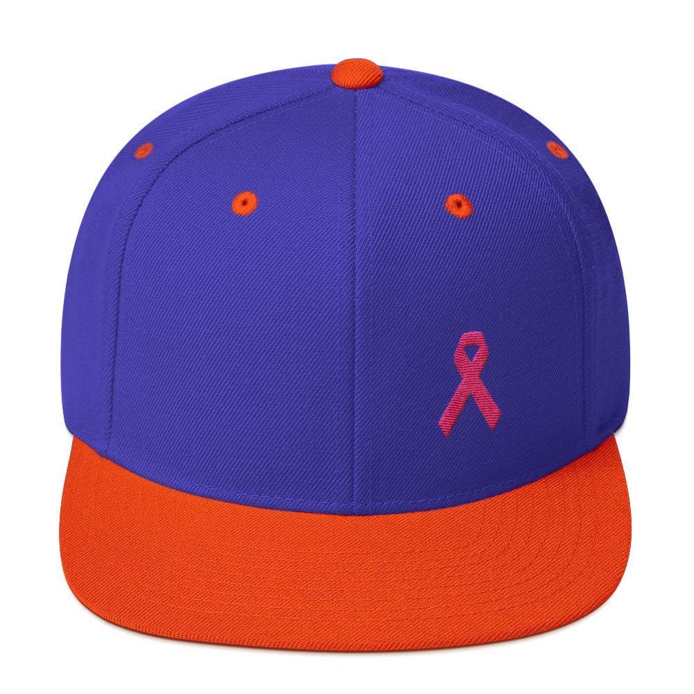 Breast Cancer Awareness Snapback Hat with Flat Brim and Pink Ribbon - One-size / Royal/ Orange - Hats
