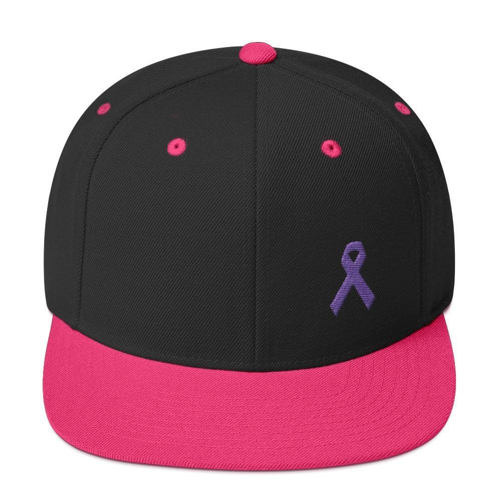 Cancer and Alzheimers Awareness Flat Brim Snapback Hat with Purple Ribbon - One-size / Black/ Neon Pink - Hats