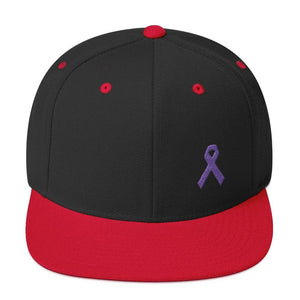 Cancer and Alzheimers Awareness Flat Brim Snapback Hat with Purple Ribbon - One-size / Black/ Red - Hats