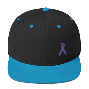 Cancer and Alzheimers Awareness Flat Brim Snapback Hat with Purple Ribbon - One-size / Black/ Teal - Hats