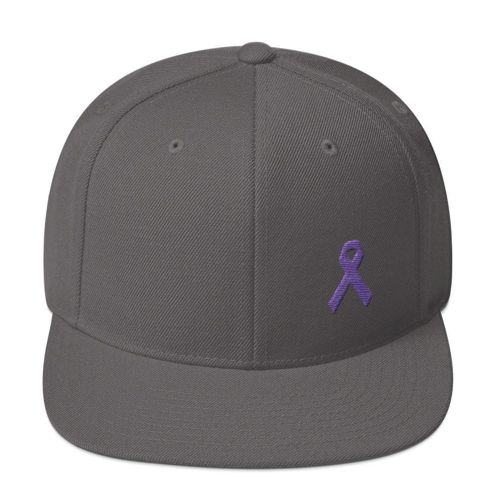 
            
                Load image into Gallery viewer, Cancer and Alzheimers Awareness Flat Brim Snapback Hat with Purple Ribbon - One-size / Dark Grey - Hats
            
        