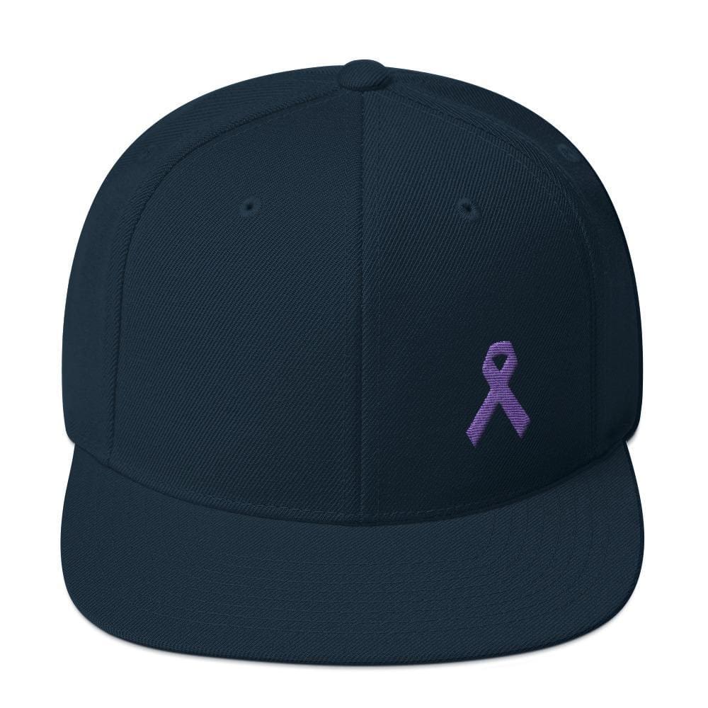 Cancer and Alzheimers Awareness Flat Brim Snapback Hat with Purple Ribbon - One-size / Dark Navy - Hats