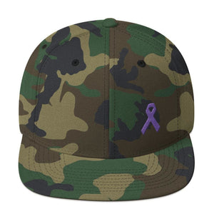Cancer and Alzheimers Awareness Flat Brim Snapback Hat with Purple Ribbon - One-size / Green Camo - Hats