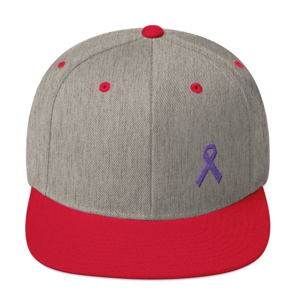 
            
                Load image into Gallery viewer, Cancer and Alzheimers Awareness Flat Brim Snapback Hat with Purple Ribbon - One-size / Heather Grey/ Red - Hats
            
        