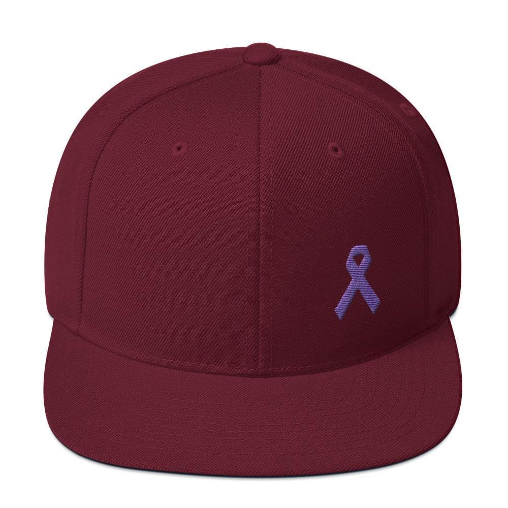 Cancer and Alzheimers Awareness Flat Brim Snapback Hat with Purple Ribbon - One-size / Maroon - Hats