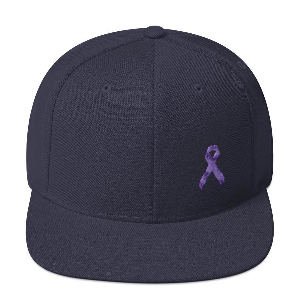 Cancer and Alzheimers Awareness Flat Brim Snapback Hat with Purple Ribbon - One-size / Navy - Hats